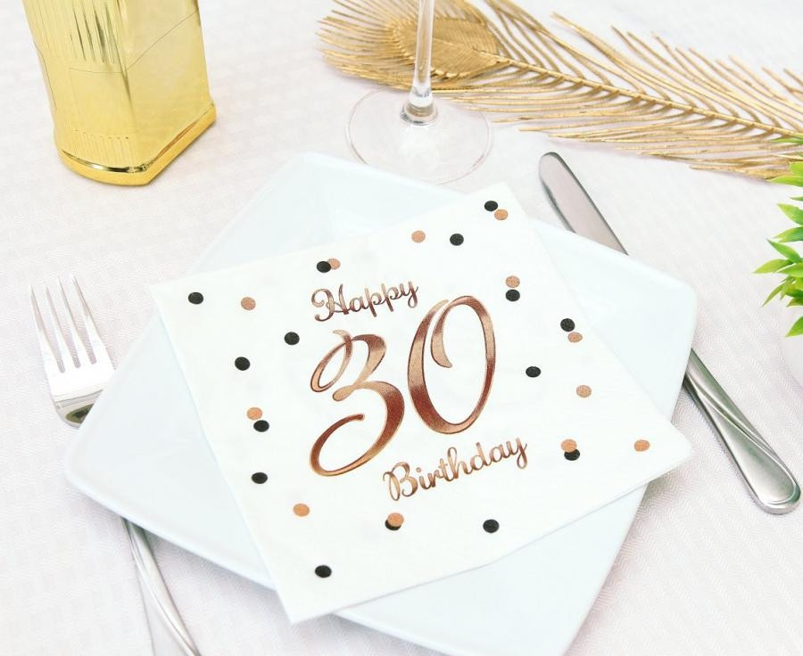 Serwetki B&C Happy 30 Birthday, białe, nadruk różowo-złoty 33x33 20szt PG-S30B GoDan